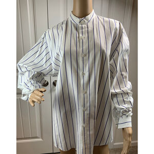 Bachrach Women's Striped Button-Up Shirt Band‎ Collar Size Med White Blue Preppy